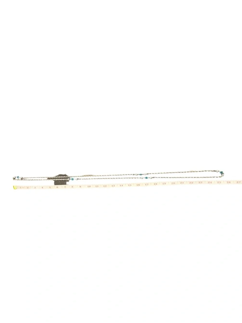 Silver Tone Long Necklace Round‎ Turquoise Crystals 25” Continuous Long Chain